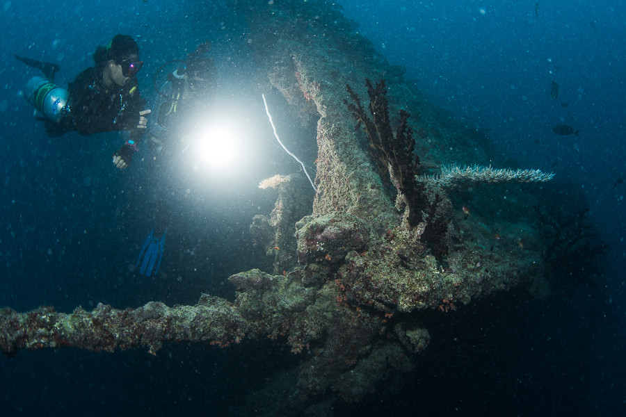 This picture shows a female diver and a ship wreck The picture is featured by your Gili Meno dive center Divine Divers. Diving Gili Islands for beginners and experts. Fun Diving and courses and introduction dives. Accommodation and healthy restaurant on Gili Meno.