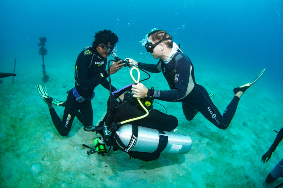 This picture shows two divers doing an equipment exchange. The picture is featured by your Gili Meno dive center Divine Divers. Diving Gili Islands for beginners and experts. Fun Diving and courses and introduction dives. Accommodation and healthy restaurant on Gili Meno.